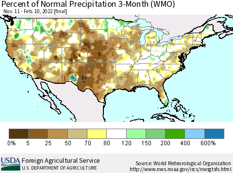 United States Percent of Normal Precipitation 3-Month (WMO) Thematic Map For 11/11/2021 - 2/10/2022