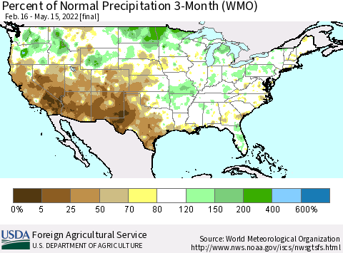 United States Percent of Normal Precipitation 3-Month (WMO) Thematic Map For 2/16/2022 - 5/15/2022