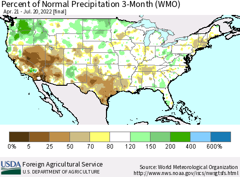 United States Percent of Normal Precipitation 3-Month (WMO) Thematic Map For 4/21/2022 - 7/20/2022