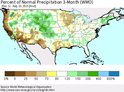 United States Percent of Normal Precipitation 3-Month (WMO) Thematic Map For 5/11/2023 - 8/10/2023