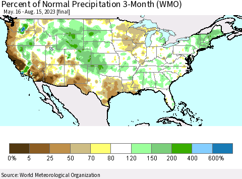 United States Percent of Normal Precipitation 3-Month (WMO) Thematic Map For 5/16/2023 - 8/15/2023