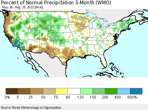 United States Percent of Normal Precipitation 3-Month (WMO) Thematic Map For 5/26/2023 - 8/25/2023