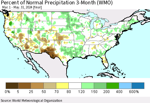 United States Percent of Normal Precipitation 3-Month (WMO) Thematic Map For 3/1/2024 - 5/31/2024