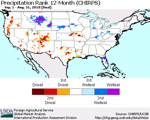 United States Precipitation Rank since 1981, 12-Month (CHIRPS) Thematic Map For 9/1/2017 - 8/31/2018
