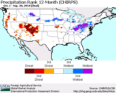 United States Precipitation Rank since 1981, 12-Month (CHIRPS) Thematic Map For 10/1/2017 - 9/30/2018