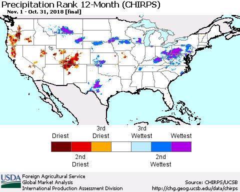 United States Precipitation Rank since 1981, 12-Month (CHIRPS) Thematic Map For 11/1/2017 - 10/31/2018