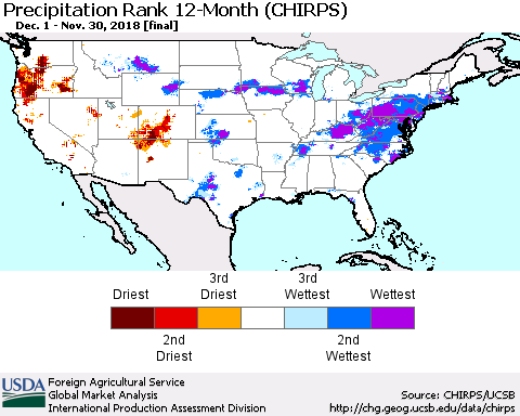 United States Precipitation Rank since 1981, 12-Month (CHIRPS) Thematic Map For 12/1/2017 - 11/30/2018