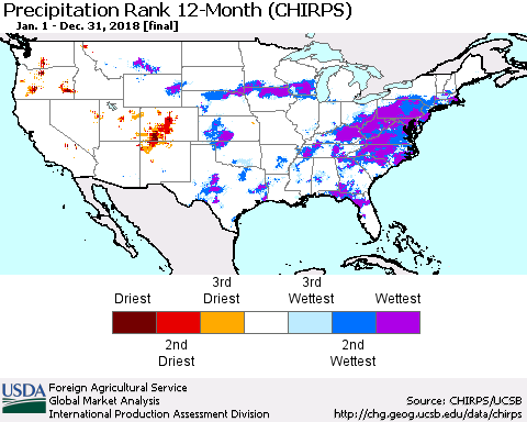 United States Precipitation Rank since 1981, 12-Month (CHIRPS) Thematic Map For 1/1/2018 - 12/31/2018