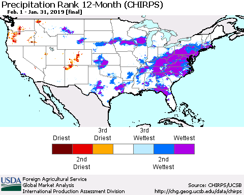 United States Precipitation Rank since 1981, 12-Month (CHIRPS) Thematic Map For 2/1/2018 - 1/31/2019