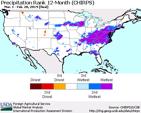 United States Precipitation Rank since 1981, 12-Month (CHIRPS) Thematic Map For 3/1/2018 - 2/28/2019