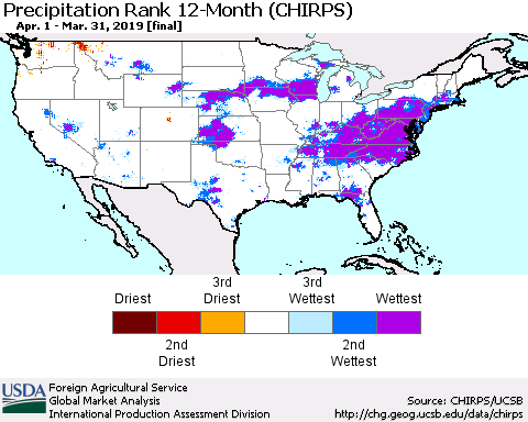United States Precipitation Rank since 1981, 12-Month (CHIRPS) Thematic Map For 4/1/2018 - 3/31/2019