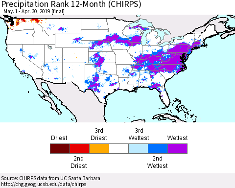 United States Precipitation Rank since 1981, 12-Month (CHIRPS) Thematic Map For 5/1/2018 - 4/30/2019