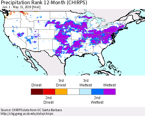 United States Precipitation Rank since 1981, 12-Month (CHIRPS) Thematic Map For 6/1/2018 - 5/31/2019