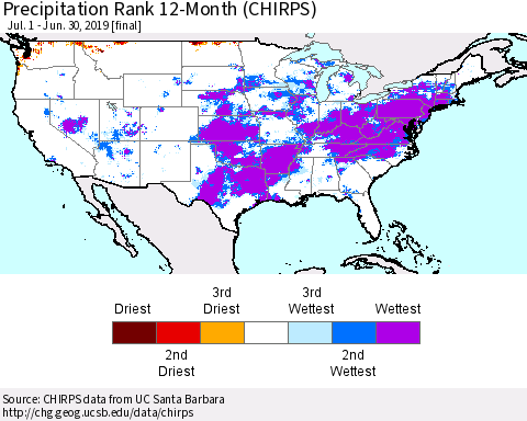 United States Precipitation Rank since 1981, 12-Month (CHIRPS) Thematic Map For 7/1/2018 - 6/30/2019