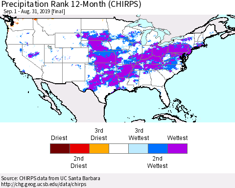 United States Precipitation Rank since 1981, 12-Month (CHIRPS) Thematic Map For 9/1/2018 - 8/31/2019