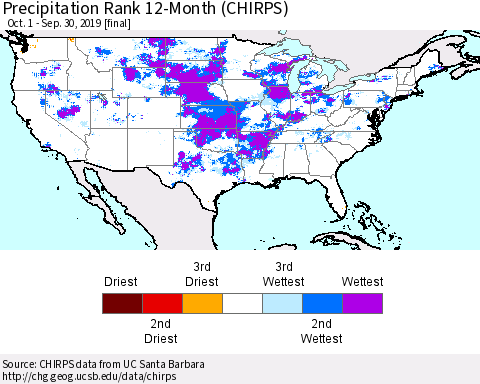 United States Precipitation Rank since 1981, 12-Month (CHIRPS) Thematic Map For 10/1/2018 - 9/30/2019