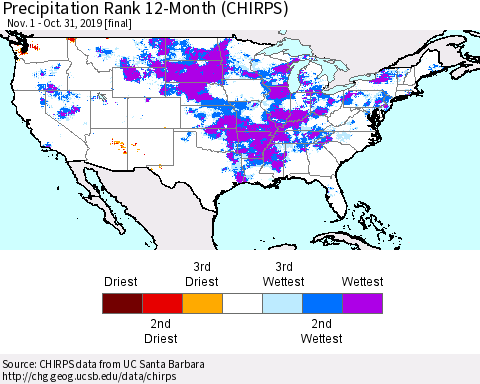 United States Precipitation Rank since 1981, 12-Month (CHIRPS) Thematic Map For 11/1/2018 - 10/31/2019