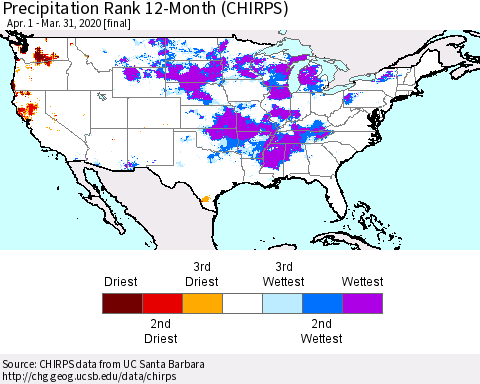 United States Precipitation Rank since 1981, 12-Month (CHIRPS) Thematic Map For 4/1/2019 - 3/31/2020
