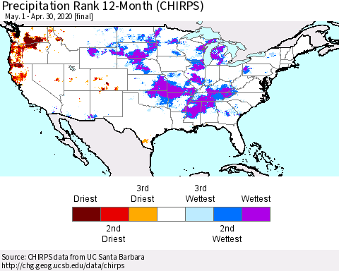 United States Precipitation Rank 12-Month (CHIRPS) Thematic Map For 5/1/2019 - 4/30/2020