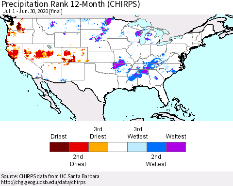 United States Precipitation Rank 12-Month (CHIRPS) Thematic Map For 7/1/2019 - 6/30/2020