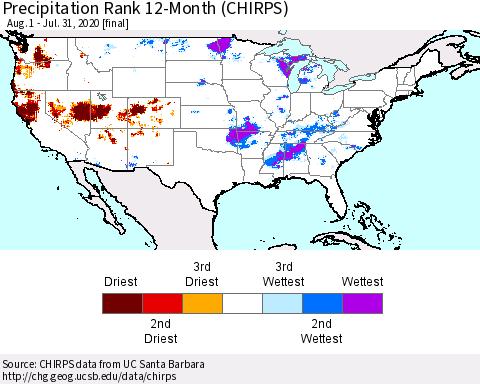 United States Precipitation Rank 12-Month (CHIRPS) Thematic Map For 8/1/2019 - 7/31/2020