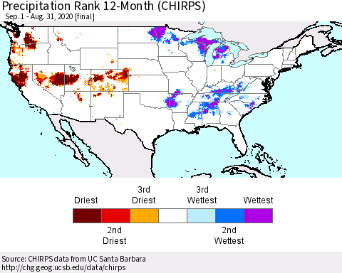 United States Precipitation Rank 12-Month (CHIRPS) Thematic Map For 9/1/2019 - 8/31/2020