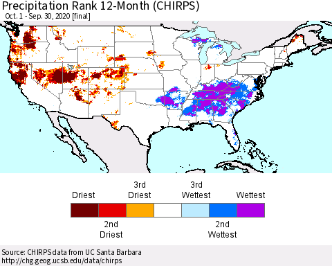 United States Precipitation Rank 12-Month (CHIRPS) Thematic Map For 10/1/2019 - 9/30/2020