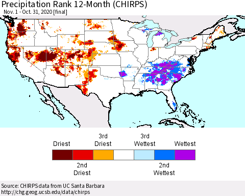 United States Precipitation Rank since 1981, 12-Month (CHIRPS) Thematic Map For 11/1/2019 - 10/31/2020