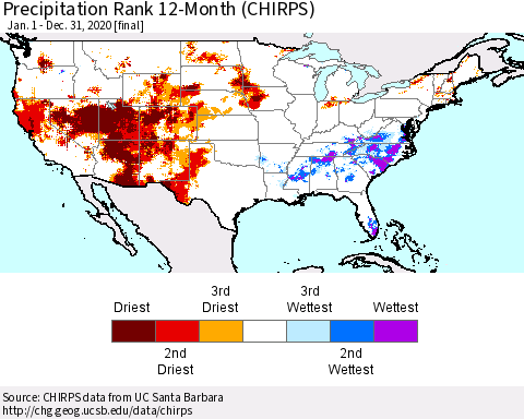 United States Precipitation Rank 12-Month (CHIRPS) Thematic Map For 1/1/2020 - 12/31/2020