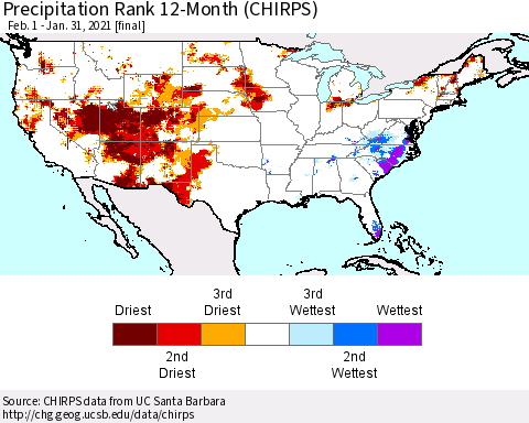 United States Precipitation Rank 12-Month (CHIRPS) Thematic Map For 2/1/2020 - 1/31/2021