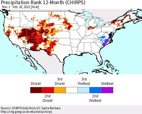 United States Precipitation Rank since 1981, 12-Month (CHIRPS) Thematic Map For 3/1/2020 - 2/28/2021