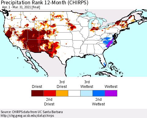United States Precipitation Rank since 1981, 12-Month (CHIRPS) Thematic Map For 4/1/2020 - 3/31/2021