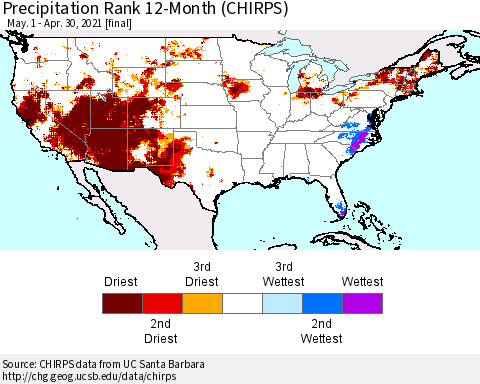 United States Precipitation Rank 12-Month (CHIRPS) Thematic Map For 5/1/2020 - 4/30/2021
