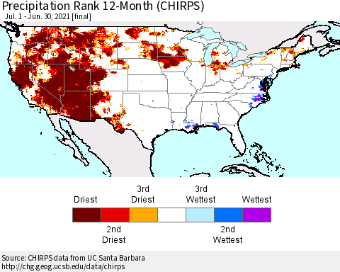 United States Precipitation Rank 12-Month (CHIRPS) Thematic Map For 7/1/2020 - 6/30/2021