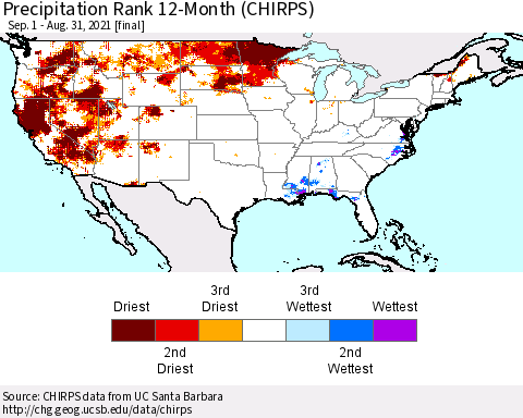 United States Precipitation Rank 12-Month (CHIRPS) Thematic Map For 9/1/2020 - 8/31/2021