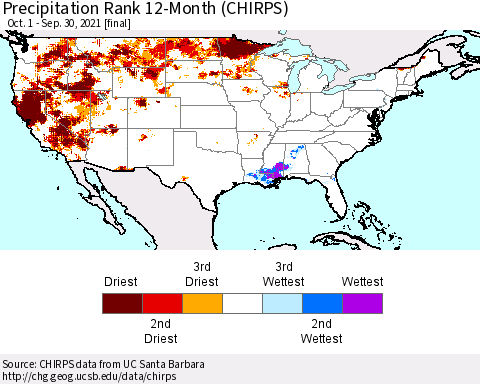 United States Precipitation Rank 12-Month (CHIRPS) Thematic Map For 10/1/2020 - 9/30/2021