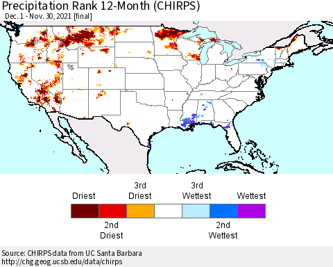 United States Precipitation Rank 12-Month (CHIRPS) Thematic Map For 12/1/2020 - 11/30/2021