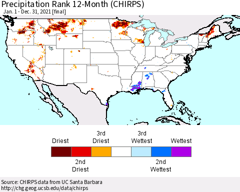 United States Precipitation Rank 12-Month (CHIRPS) Thematic Map For 1/1/2021 - 12/31/2021