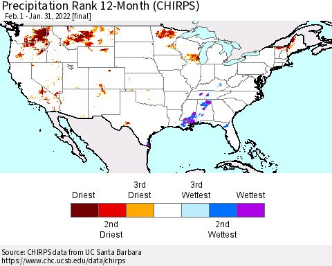 United States Precipitation Rank since 1981, 12-Month (CHIRPS) Thematic Map For 2/1/2021 - 1/31/2022