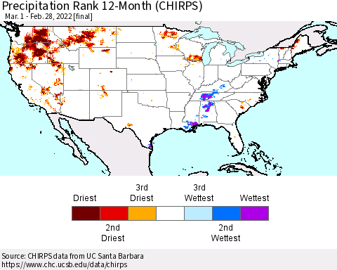United States Precipitation Rank 12-Month (CHIRPS) Thematic Map For 3/1/2021 - 2/28/2022