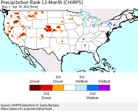 United States Precipitation Rank since 1981, 12-Month (CHIRPS) Thematic Map For 5/1/2021 - 4/30/2022