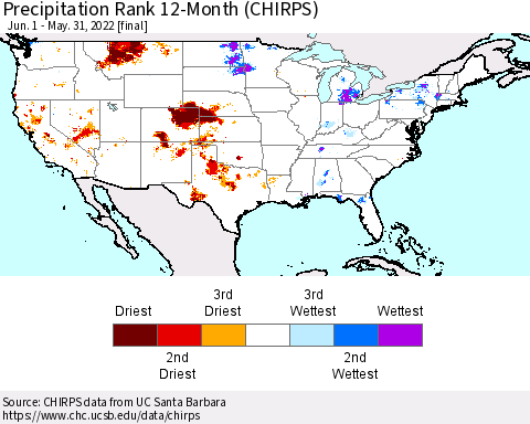 United States Precipitation Rank since 1981, 12-Month (CHIRPS) Thematic Map For 6/1/2021 - 5/31/2022