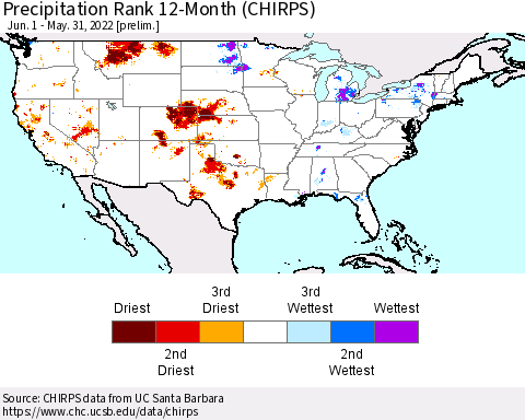 United States Precipitation Rank 12-Month (CHIRPS) Thematic Map For 6/1/2021 - 5/31/2022