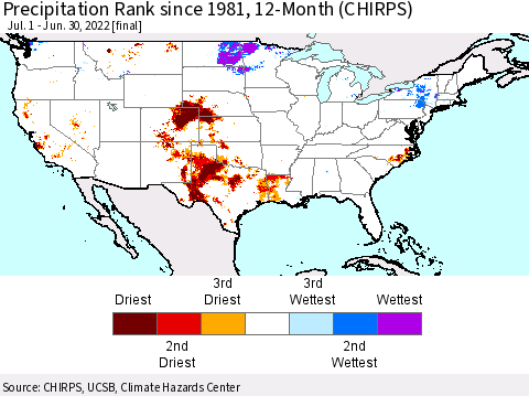United States Precipitation Rank since 1981, 12-Month (CHIRPS) Thematic Map For 7/1/2021 - 6/30/2022