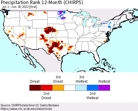 United States Precipitation Rank since 1981, 12-Month (CHIRPS) Thematic Map For 7/1/2021 - 6/30/2022