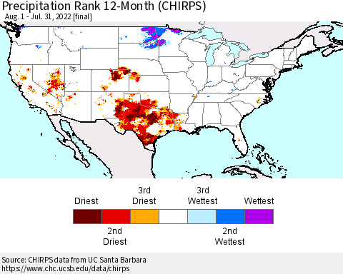 United States Precipitation Rank since 1981, 12-Month (CHIRPS) Thematic Map For 8/1/2021 - 7/31/2022