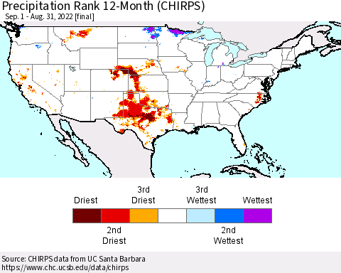 United States Precipitation Rank 12-Month (CHIRPS) Thematic Map For 9/1/2021 - 8/31/2022