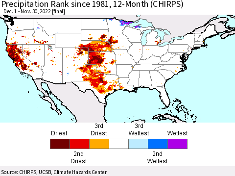 United States Precipitation Rank since 1981, 12-Month (CHIRPS) Thematic Map For 12/1/2021 - 11/30/2022