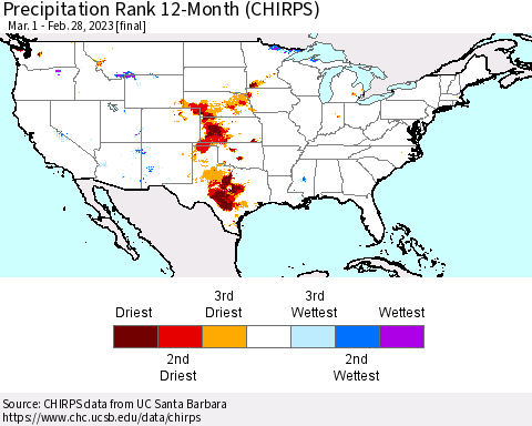 United States Precipitation Rank since 1981, 12-Month (CHIRPS) Thematic Map For 3/1/2022 - 2/28/2023