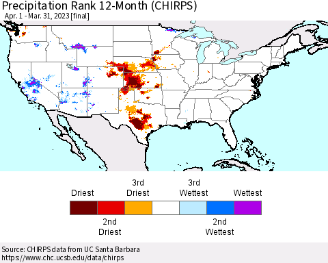 United States Precipitation Rank since 1981, 12-Month (CHIRPS) Thematic Map For 4/1/2022 - 3/31/2023